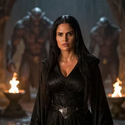 epic photo of salma hayek as beautiful wizard wearing a black satin robe and metal belt in lord of the rings with long straight black hair fighting the terrifying monstrous orcs in the mines of moria, sweaty, detailed eyes, neutral expression, shallow depth of field, raining, photorealistic, cinematic lighting, lovely bokeh, dungeon setting, dark moody light, strong rim light, movie quality, fire light, flames, lord of the rings 1 9 8 5, movie still