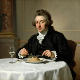 baroque oil painting handsome aristocrat in elegant black suit eating small dune sandwarm with knife and fork in restaurant, painted by peter paul rubens, marble interior, soft studio lighting, elegant, morandi color scheme, white embroidered tablecloth, wine glass, baroque style, 8 k resolution