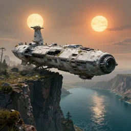 a crashlanded, abandoned, overgrown spaceship hanging partially over a cliff, beneath the cliff is an alien lake, in the sky are two suns, by kim jung gi