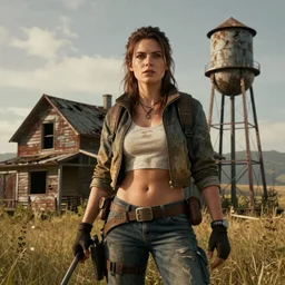 fallout 5, charismatic beautiful rugged brunette female protagonist, portrait, outdoors abandoned farmhouse with decrepit water tower, atmospheric lighting, painted, intricate, volumetric lighting, beautiful, daytime, sunny weather, slight overcast, golden hour, sharp focus, deep colours, ultra detailed, by leesha hannigan, ross tran, thierry doizon, kai carpenter, ignacio fernandez rios