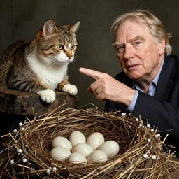 david attenborough pointing at a cat guarding it's eggs. big nest. nature photography, strange, photorealistic
