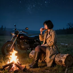 A girl from Final Fantasy live action, with short black hair and green eyes in a tan trenchcoat sitting on a log and drinking tea by the campfire by her motorcycle at night under the stars, elegant scene, beautiful landscape in the background, wide angle, cinematic lighting, atmospheric, ultrarealistic, trending on artstation, cgsociety, highly detailed, color graded, in the style of craig mullins, rendered in Unreal Engine 4k HQ, horizon forbidden west
