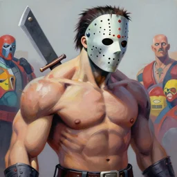 greg manchess mid shot portrait painting of zombie muscular jason voorhees frankenstein from evil dead mortal kombat as overwatch character, medium shot, asymmetrical, profile picture, organic painting, sunny day, matte painting, bold shapes, muscular, machete, hard edges, street art, trending on artstation, by huang guangjian and gil elvgren and sachin teng