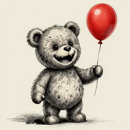 surrealism grunge cartoon sketch of a teddy bear with a wide smile holding a red balloon by - michael karcz, loony toons style, horror theme, detailed, elegant, intricate