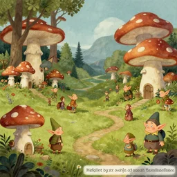 “wide shot, concept art, a fairytale landscape depicting ugly elves living in mushroom houses, in the style of John Bauer and wimmelbilder”