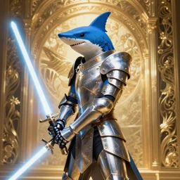blue thrasher shark human hybrid in knight armor, holding a lightsaber, fantasy, wonderful masterpiece highly detailed, scifi, beautiful cinematic light deep focus, elegant, digital painting, smooth, sharp focus, golden ratio, dramatic illumination, ultra realistic, 8 k, art by ilya kuvshinov, artgerm, alphonse mucha, and greg rutkowski