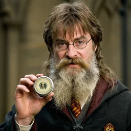 aged harry potter with long beards and beautiful mustache, holding a beard balm tin in his hand