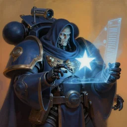 painting of a sentient star as a cloaked tech priest projecting a hologram, close up scene, adeptus mechanicus, cybernetic enhancements, zdzislaw beksinski, lewis jones, dariusz zawadzki, wayne barlow, warhammer 4 0 k, cold hue's, warm tone gradient background, concept art, digital painting