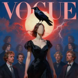 morning, raven bird perching on a headless woman in a black dress. sun, cinematic, lightning clouds, vogue cover style, light red and deep blue mood, realistic painting, intricate oil painting, high detail, figurative art, multiple exposure, poster art, 3 d, by simon bisley, ismail inceoglu, wadim kashin, filip hodas, benedick bana, and andrew atroshenko.