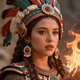 millie bobby brown as an azctec warrior, detailed perfect face, exquisite details, fire magic, mid view, design on a white background, by studio muti, greg rutkowski makoto shinkai takashi takeuchi studio ghibli