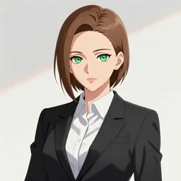 female magician in black business suit, anime, green eyes, light brown neat hair, trending on artstation, portrait, digital art, modern, sleek, highly detailed, formal, serious, determined, colorized, smooth, charming, pretty