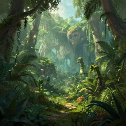 dream render of a prehistoric jungle, matte painting, digital painting, art by patrick moncrief, 3 d, environment visualization, games, animation, video games, aaa