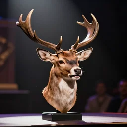 deer head chihuahua rapping on stage. Photo.