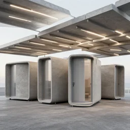 a series of 4 standalone modern sea ranch style concrete cabins with rounded corners, cement cabins with beveled edges, tubes of light pass between the layers of the canopy. architectural rendering, photorealistic lighting.