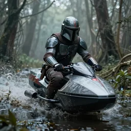 mandalorian riding speeder bike through swamp, eerie, emotional, stunning cinematography, light diffusion