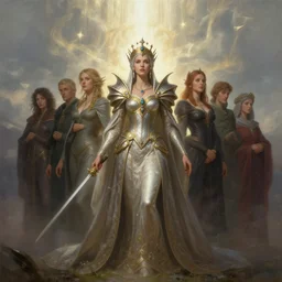 saproling queen with counsel of twelve of earths majesty, light kingdom backdrop, windy, d & d, fantasy, portrait, highly detailed, digital painting, trending on artstation, concept art, sharp focus, long shot, illustration, art by artgerm and kenneth noland and greg rutkowski and magali villeneuve