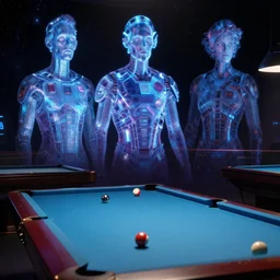 the last hologram remnants of humanity playing billiards in a holodeck. a lonely bar teetering on the edge of the universe and the spectrum of oblivion encompasses all emotion