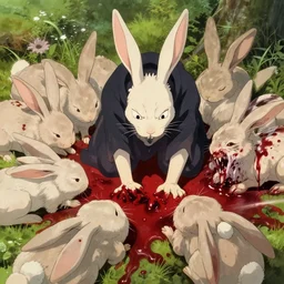 very very aggressive bunnies thirsty for blood, injuries, beheaded bunnies, very red blood, blood, killing, grotesque, grotesque, assassin rabbit of caerbannog, makoto shinkai, james ryman, watership down