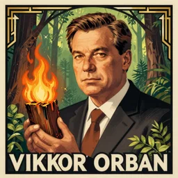 vintage art deco poster of viktor orban in a forest, holding a burning wood piece, highly detailed face