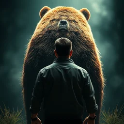 stunning art piece of a man standing in front of a bear, backshot angle, highly detailed masterpiece, cinematic lighting
