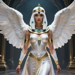 perfect white haired egyptian queen wearing white dove wings, warframe armor, regal, attractive, ornate, sultry, beautiful, dreamy, elize theron, pretty face, green eyes, detailed, scifi platform, 4 k, ultra realistic, epic lighting, android body, illuminated, cinematic, masterpiece, art by akihito tsukushi, voidstar, artgerm