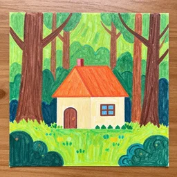 a Crayons artwork drawing of a house in a forest