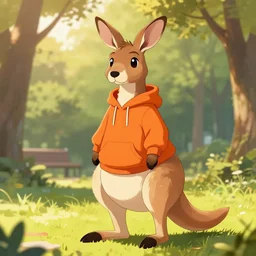 an anthropomorphic kangaroo wearing an orange hoodie at a park with trees, trending on artstation, detailed, anime, warm lighting, backlighting, by kawacy, trending on furaffinity, furry art