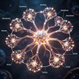 detailed complex neural network with bright neutrons and glowing synapses with sparkling axons and glittering dendrites labeled data markers