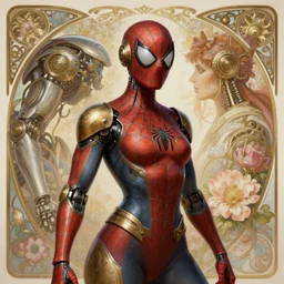 portrait of spiderman woman, robot steampunk, floral! horizon zero dawn machine, intricate, elegant, highly detailed, ray tracing, digital painting, artstation, concept art, smooth, sharp focus, illustration, art by artgerm and greg rutkowski and alphonse mucha, 8 k