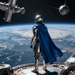 a space hoplite in a flowing blue cloak looking out at the horizon of a planet from a space station in orbit, sci-fi, high detail, light reflections, dramatic matte painting, style by jaques louis david, 8k, octane render, photorealistic, hyperrealism”
