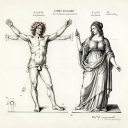 a side-by-side leonardo davinci sketch of hypothethical creativity amplifcation devices worn by a vitruvian man and vitruvian woman, intricately detailed, in the style of a patent diagram