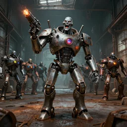 a robot mad scientist overlord laughing maniacally, a menacing robot army inside a huge rusty warehouse, raygun gothic, atomic punk, digital art, octane render, 4 k, 8 k, 3 2 k uhd
