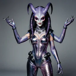 klingon with telescopic limbs dressed in glam clothing, photo by cindy sherman