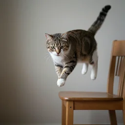 a cat jumping off a chair