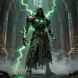 character design, biomechanical arcanist in castle halls, tattered robe and hood, green lightning, fog, scary, arrogant, hostile, photorealistic, cinematic, hyper realistic, octane render, 8 k, full shot