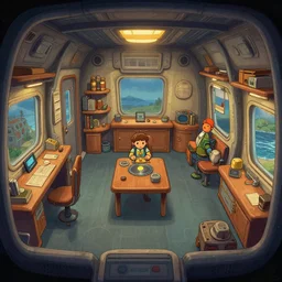 in a crew quarters, inside a small cargo spaceship, from a point and click 2 d graphic adventure game, art inspired by thomas kinkade and mark keathley