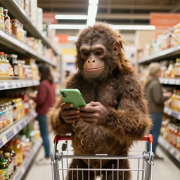 “an australopiteco chatting WhatsApp in a supermarket plenty of actual people”