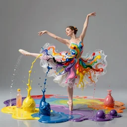 one women into fountain of bright fluid paints and substances dancing ballet alone, paint on dress, piotr jablonski, norman rockwell, tim hildebrandt, mark maggiori, jeff dekal, long shot, hyperrealistic oil painting on canvas, deep depth field, cinematic composition, hyper - detailed, hdr, 8 k, 4 k