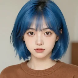 beautiful cute girl with short blue hair, big brown eyes, wearing a brown sweater