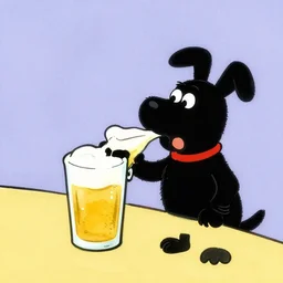 a small black dog drinking beer by richard scarry