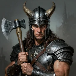 Portrait of Conan the conqueror , in a horned helmet, scant chainmail armor, wielding an axe, muscular male, fantasy, extremely detailed, mixed media comic book style illustration, artstation, fantasy art, sharp focus, perfectly symmetrical facial features, intimate lighting, art by Frank Frazetta, Simon Bisley and Bill Sienkiewicz , hyperrealism, dark fantasy, foreboding atmosphere, perfect ratio, hyperdetailed, highest resolution, heavily detailed and complex