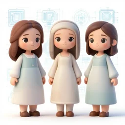 pattern of anthropomorphic cute 3 d females accompanying artificial intelligence blueprint, leonard da vinci style