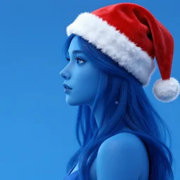 goddess seen in profile, different shades of blue, wearing a red santa hat, hd artstation
