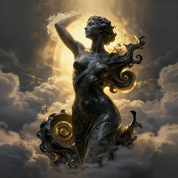 epicillustration, abstract sculpture of beautiful female body and black swirling liquifying acrylic portrait, fluffy clouds, glowing edges, golden hour, beautiful light, sculpture of carving marble, dark colors, dark mood, one point light, golden spirals, clockwork, epic matte painting, concept art, digital painting