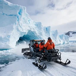 ultra wide angle scientists in a smowtrac snowcat witness a giant glacier calve into the ocean, hyperreal, national geographic style