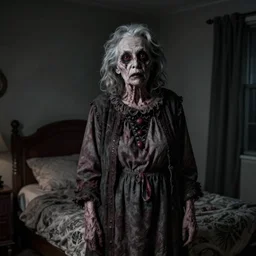 a portrait of a grotesque old woman standing by my bed at night, photorealistic horror, ultra realistic, dark gloomy, 4 k resolution