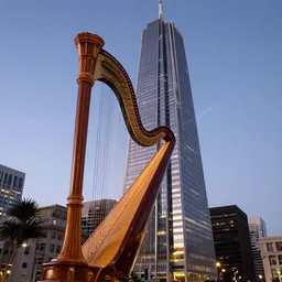skyscraper - sized harp with lasers instead of strings nestled in san francisco