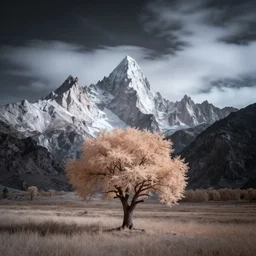 award winning landscape photography by andy lee, lone tree in foreground with bright jagged mountains in background, beautiful light, moody, long exposure, infrared photography, dramatic lighting, clouds, rule of thirds