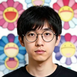portrait image of a cute androgynous young man with black hair and circular glasses, clean shaven, trending on artstation, facial symmetry, by beeple, by hirohiko araki, by takashi murakami, taken at an angle