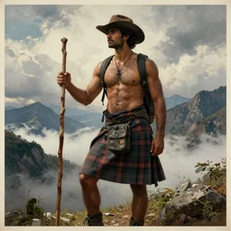 an ethereal dramatic painting of a handsome rugged shirtless desi hiker | he is wearing a plaid kilt and cowboy hat, and holding a wooden pole | background is mountains and clouds | homoerotic, dramatic lighting, highly detailed, vintage travel poster | by peder balke, by maxfield parrish | trending on artstation